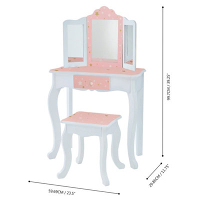 Teamson Kids Dressing Table Play Vanity Set with Mirror Stool Pink White Twinkle Stars