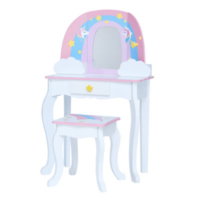 Teamson Kids Dressing Table Play Vanity Set with Mirror Stool Rainbow Unicorn Pink White