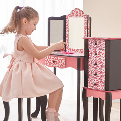 Teamson Kids Leopard Prints Wooden 2-pc. Play Vanity Set, Black/Pink