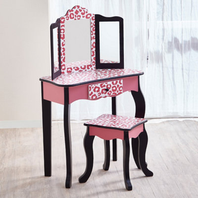 Teamson Kids Leopard Prints Wooden 2-pc. Play Vanity Set, Black/Pink
