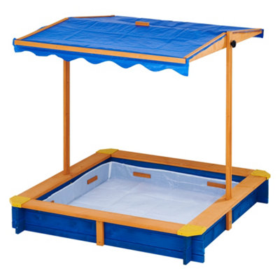 Teamson Kids Outdoor Garden Sand Pit, Large Square Wooden Sandbox, With Lid and Canopy, Garden Toys, Blue, 117 x 117 x 120 (cm)