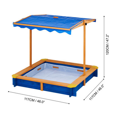 Teamson Kids Outdoor Garden Sand Pit, Large Square Wooden Sandbox, With Lid and Canopy, Garden Toys, Blue, 117 x 117 x 120 (cm)