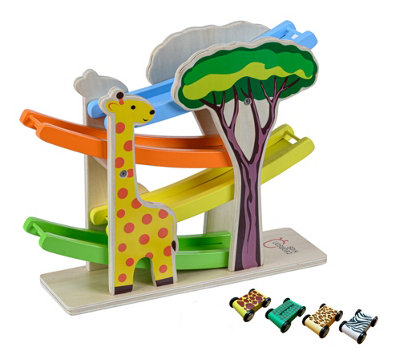 Teamson Kids Preschool Play Lab Wooden Safari Ramp Racer with Animal Print Cars