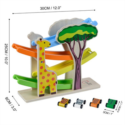 Teamson Kids Preschool Play Lab Wooden Safari Ramp Racer with Animal Print Cars