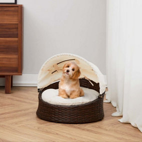 Teamson Pets Clotho Indoor Outdoor Rattan Cat or Small Dog Bed Lounger with Retractable Canopy & Removeable Washable Cushion