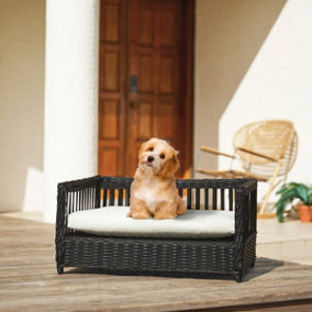 Teamson Pets Clotho Indoor Outdoor Wicker Rattan Cat or Small Dog Bed Sofa Lounger Water Resistant with Removeable Cushion