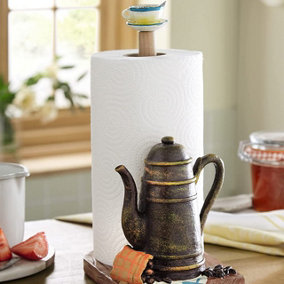 Teapot Design Kitchen Roll Holder - Freestanding Traditional Tea Cup & Saucer Paper Towel Dispenser - Fits Any Standard Size Roll