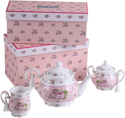 Teapot Sets Teapot Sugar Bowl and Cream Milk Jug Vintage Floral in Gift Box (Pink)