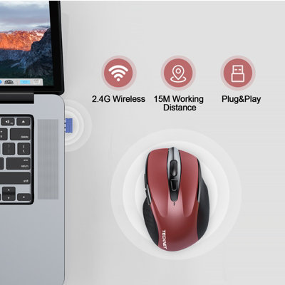 TECKNET Mouse: 4800 DPI, silent, ergonomic. 6 buttons, 2.4G. Red.