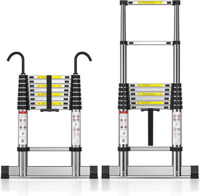 TECKNET Telescopic Ladder 2.6M/8.5FT, Max Load 150kg/330lbs, Aluminium Extension Ladder with Stabilizer Bar & Detachable Hooks