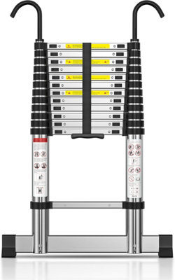 TECKNET Telescopic Ladder 3.8M/12.5FT, Max Load 150kg/330lbs, Aluminium Extension Ladder with Stabilizer Bar & Detachable Hooks