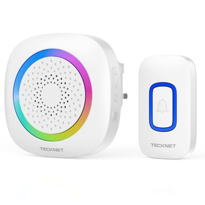 TECKNET Wireless Plug in Doorbell with RGB Light, IP66 Waterproof, 400M Wireless Range, 60 Chimes & 5 Level Volume (White)