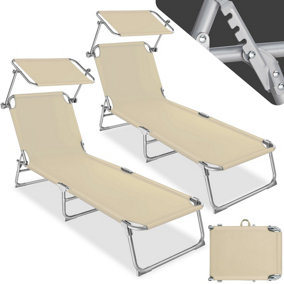 tectake 2 Sun loungers with sun shade - reclining sun lounger sun chair - beige