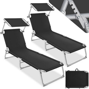 tectake 2 Sun loungers with sun shade - reclining sun lounger sun chair - black