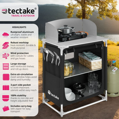 tectake Camping Kitchen 76x53.5x107cm - camping kitchen unit camping kitchen stand - black