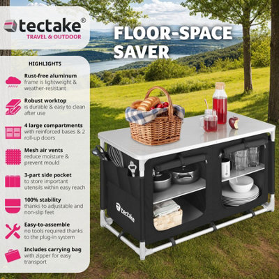 tectake Camping Kitchen 97x47.5x56.5cm - camping kitchen unit camping kitchen stand - black