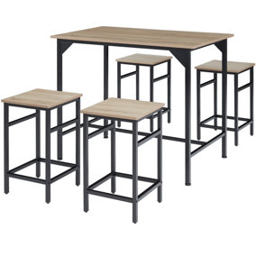 tectake Dining table with 4 bar stools Edinburgh - dining table and chairs kitchen table - industrial wood light oak Sonoma