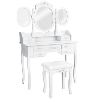 tectake Dressing table with 7 drawers mirror and stool in an antique ...