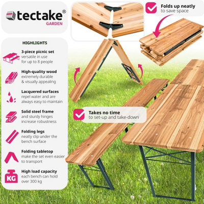tectake Folding wooden picnic set - 2 benches 1 table - bench table dining table and bench set - brown