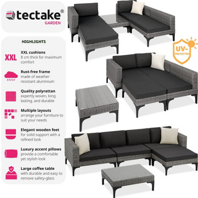 tectake Garden sofa set Konstanza - 1 XL sofa 1 stool 1 table - Rattan lounge garden lounge - grey