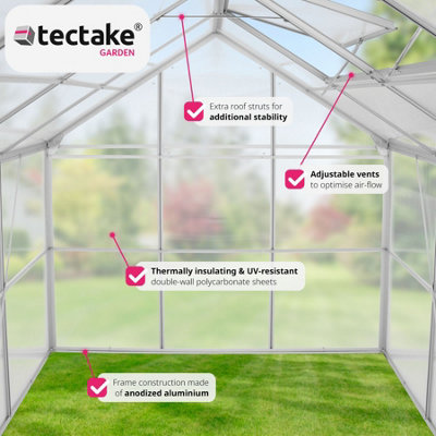 tectake Greenhouse in aluminium & polycarbonate - polycarbonate greenhouse walk in greenhouse - 250 x 185 x 195 cm