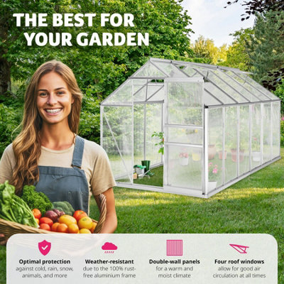 tectake Greenhouse in aluminium & polycarbonate w/ foundation - polycarbonate greenhouse walk in greenhouse - 375 x 185 x 195 cm