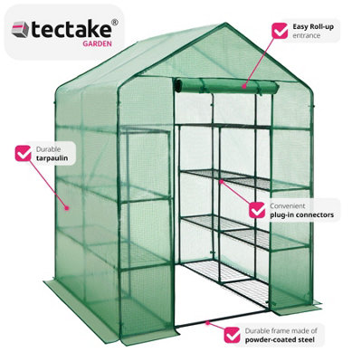 tectake Greenhouse tent w/ tarpaulin and shelving (143x143x195cm) - small greenhouse walk in greenhouse - green