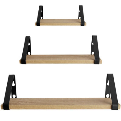 tectake Hanging shelf Cowell set of 3 shelves - Wooden Shelf Wall Bookshelf - industrial wood light oak Sonoma