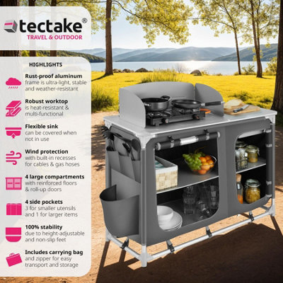 tectake Packable Camping Kitchen - 2 Compartments - camping kitchen unit camping kitchen stand - grey