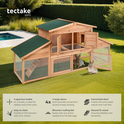 tectake Rabbit Hutch - wooden hen house, with 2 floors, 4 doors, run ...