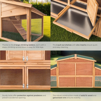 tectake Rabbit Hutch - wooden hen house, with 2 floors, 4 doors, run ...