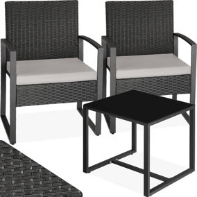 tectake Rattan Garden Bistro Set Granada - 2 chairs 1 table - Garden set rattan seating group - light grey/black
