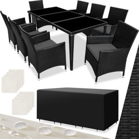 tectake Rattan garden dining set Monaco - 8 seats 1 table - garden tables and chairs garden furniture set - black
