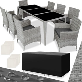 tectake Rattan garden dining set Monaco - 8 seats 1 table - garden tables and chairs garden furniture set - light grey