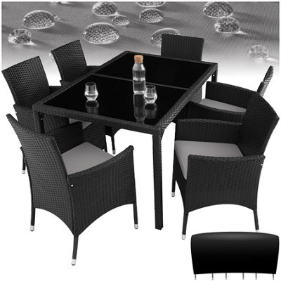 tectake Rattan garden furniture set 6+1 with protective cover garden tables and chairs garden
