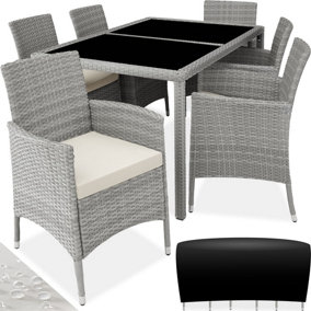 tectake Rattan garden furniture set 6+1 with protective cover - garden tables and chairs garden furniture set - light grey/cream