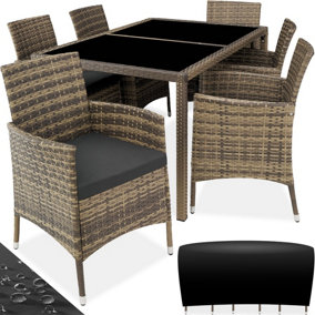 tectake Rattan garden furniture set 6+1 with protective cover - garden tables and chairs garden furniture set - nature/dark grey