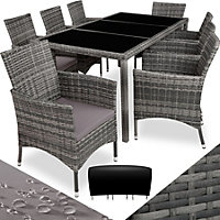 tectake Rattan garden furniture set 8+1 with protective cover - garden tables and chairs garden furniture set - mottled grey/grey
