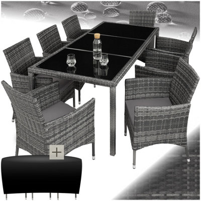 tectake Rattan garden furniture set 8+1 with protective cover garden
