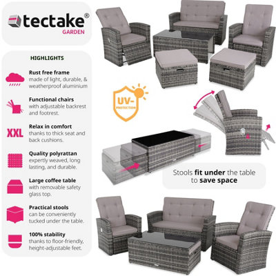 tectake Rattan garden furniture set Bari - 6 Seats 1 Table - garden table and chairs bistro set - grey