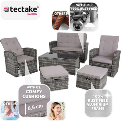 tectake Rattan garden furniture set Bari - 6 Seats 1 Table - garden table and chairs bistro set - grey
