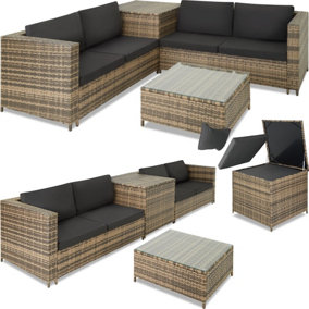 tectake Rattan Garden Furniture Set Siena - 4 seats 1 Table 1 Chest - garden sofa garden corner sofa - nature/dark grey