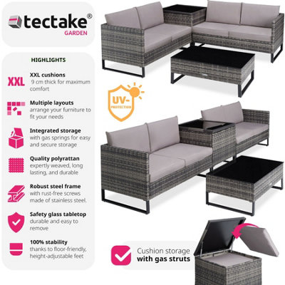 tectake Rattan garden set Ostuni - 4 Seats 1 Table 1 Box - garden furniture set.garden table and chairs bistro set - grey