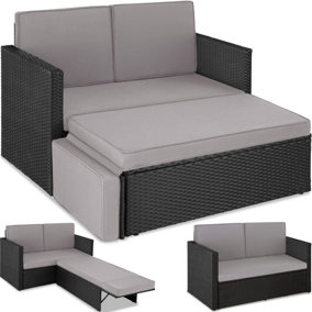 tectake Rattan garden sofa Corfu - 2 Seater 1 Stool - garden sofa outdoor sofa - black/grey