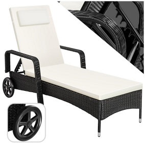 tectake Rattan garden sun lounger - 6 step backrest - reclining sun lounger garden lounge chair - black/beige