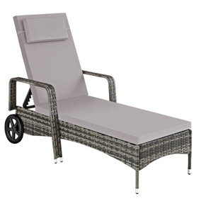 tectake Rattan garden sun lounger - 6 step backrest - reclining sun lounger garden lounge chair - grey