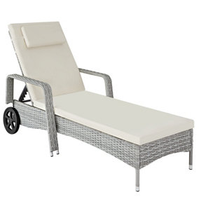 tectake Rattan garden sun lounger - 6 step backrest - reclining sun lounger garden lounge chair - light grey