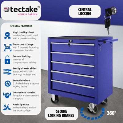 tectake Tool chest with 5 drawers - tool box tool box on wheels - blue