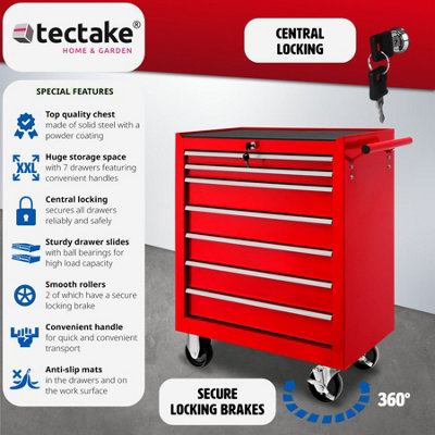 tectake Tool chest with 7 drawers - tool box tool box on wheels - red