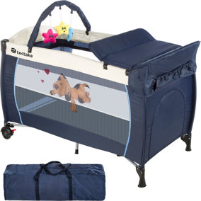 tectake Travel Cot Dog 132x75x104cm with changing mat play bar & carry bag - cot bed baby travel cot - blue